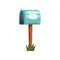 Cartoon illustration of metallic mailbox on wooden pole. Icon of blue closed postbox standing on piece of green grass