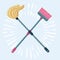 Cartoon illustration of mop and broom . Cleaning symbols