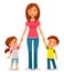 Cartoon illustration of mother with two kids