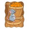 cartoon illustration a mouse standing on a pile of barrels filled with fruit