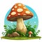 cartoon illustration of a mushroom on a grassy field