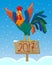 Cartoon illustration for the new year , with the symbol of 2017 - rooster rooster sitting on a wooden sign with the inscription on