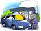 Cartoon illustration of a older man who is considering to buying a new smart car