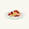 Cartoon illustration of pancakes folded in triangles covered with sweet cherry jam. Breakfast on plate. Sweet and