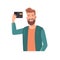 Cartoon illustration of positive bearded man holding black credit card in hand with smile on face