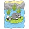 Cartoon illustration The raccoonis lying and relaxing on a lotus leaf