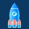 Cartoon illustration of a space rocket on a dark blue background