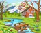 Cartoon illustration of a spring natural landscape