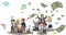 Cartoon illustration of successful and fail businesspeople, broker, and investor in stock market with money flying with wealth and