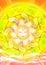 Cartoon illustration of a sun god in the sky with shinning sunlight