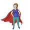 Cartoon illustration of superwoman in protective face mask and gloves. Strong woman wearing red superhero cape and