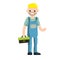 Cartoon illustration - technician man in uniform. Male mechanic with the tool box