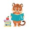 cartoon illustration of tiger reading a book.