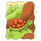 cartoon illustration a turtle walking in the middle of a meadow on a cliff