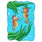 Cartoon illustration two seahorses swimming and playing with their mouths