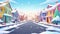 A cartoon illustration of a winter city with snow on streets and house facades. An empty asphalt crossroads in a city