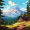 Cartoon Illustration Of Wooden Cabin In Mountain Forest