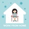 Cartoon illustration of a young woman safe at home. Sitting and working on laptop. Work from home, isolation and quarantine is