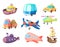 Cartoon illustrations of various transportation. Airplanes, ship, cars and others. Vector pictures of toys for kids