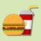 Cartoon image of a burger, a glass with a drink and a drinking straw. Vector color illustration.