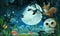 Cartoon image with forest animals by night squirrel fox owl deer - illustration