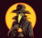 A cartoon image of a plague doctor with a black coat and a black hat.AI