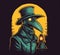 A cartoon image of a plague doctor with a black coat and a black hat. AI