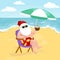 Cartoon image of santa claus in swimsuit sitting on beach