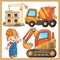 Cartoon images of big crawler excavator and concrete mixer with worker or builder. Construction vehicles. Profession. Colorful