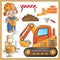 Cartoon images of big crawler excavator and worker with jackhammer. Building tools. Construction vehicles. Profession. Colorful