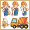 Cartoon images of concrete mixer and workers with building tools. Construction vehicles. Profession. Colorful vector set of