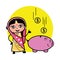 Cartoon Indian Woman saving money in piggy bank