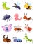 Cartoon insects. Cute grasshopper and ladybug, caterpillar and butterfly. Mosquito and spider. Fly, ant and mantis