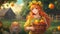 Cartoon inspired anime, anime fox cute anime girl with long orange hair and green eyes, wearing a yellow and green lolita