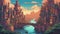 Cartoon inspired anime, anime A pixel art illustration of a fantasy cityscape at dawn with castles , magic,