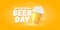Cartoon international beer day horizontal banner or poster with beer glass isolated on light yellow beer background