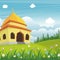 Cartoon islamic mosque and lovely nature landscape