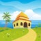 Cartoon islamic mosque and lovely nature landscape