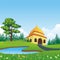 Cartoon islamic mosque and lovely nature landscape