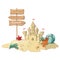 Cartoon island with a sandy house. Illustration for a travel company. Summer vacation at the sea. Illustration of a
