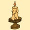 Cartoon isolated burning candle on brown vintage candleholder