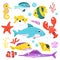 Cartoon isolated funny aquatic characters, happy whale and octopus, swimming seahorse and tortoise, clownfish smiling