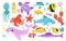 Cartoon isolated funny aquatic characters, happy whale and octopus, swimming seahorse and tortoise, clownfish smiling