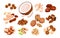 Cartoon isolated organic dry nutty food mix, natural snack collection with healthy coconut almond walnut hazelnut cashew
