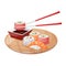 Cartoon isolated plate with chopsticks and rolls with rice. A colorful set of different types of sushi on a bamboo tray