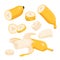 Cartoon isolated single half peeled fresh banana ready for eating or cooking healthy summer yummy desserts, organic