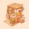 Cartoon isometric food market. Hand drawn colorful farmer grocery store.