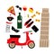 Cartoon italian culture symbols: Pisa tower, retro scooter, red wine, coffee, pizza, pasta, cheese, fashion shoes.