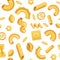 Cartoon italian pasta, dough food seamless pattern. Macaroni, penne, fusilli and spiral shapes. Cuisine cooking