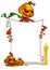 Cartoon jack o lantern pumpkin head holding blank paper scroll for text. Halloween illustration